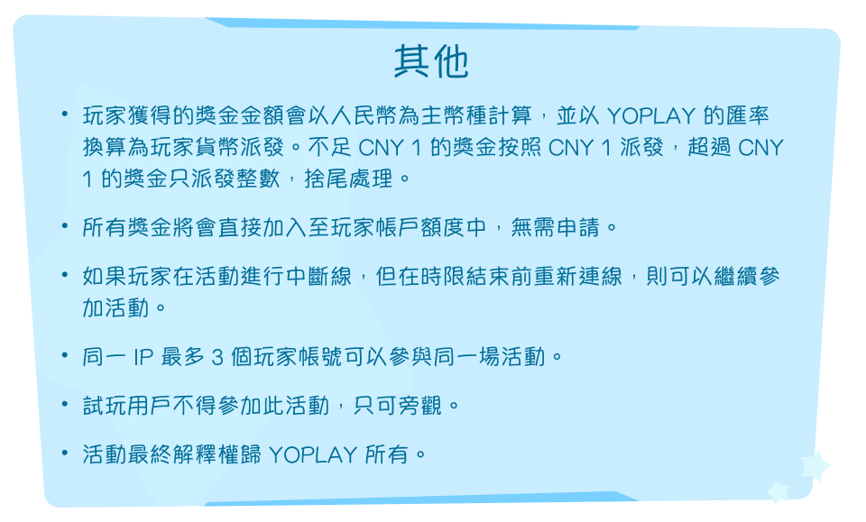 其他。玩家獲得的獎金金額會以人民幣為主幣種計算，並以 YOPLAY 的匯率換算為玩家貨幣派發。不足 CNY 1 的獎金按照 CNY 1 派發，超過 CNY 1 的獎金只派發整數，捨尾處理。所有獎金將會直接加入至玩家帳戶額度中，無需申請。如果玩家在活動進行中斷線，但在時限結束前重新連線，則可以繼續參加活動。同一 IP 最多 3 個玩家帳號可以參與同一場活動。試玩用戶不得參加此活動，只可旁觀。活動最終解釋權歸 YOPLAY 所有。