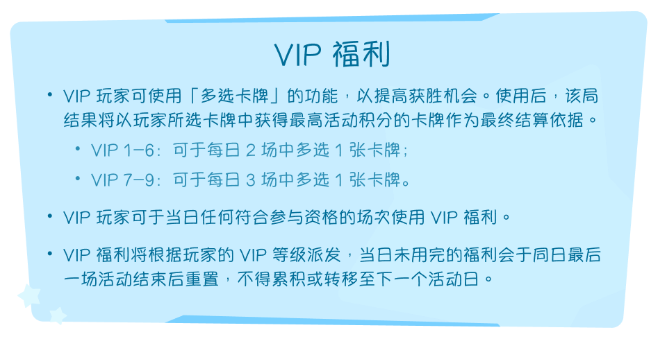 VIP 福利。VIP 玩家可使用「多选卡牌」的功能，以提高获胜机会。使用后，该局结果将以玩家所选卡牌中获得最高活动积分的卡牌作为最终结算依据。VIP 1–6：可于每日 2 场中多选 1 张卡牌；VIP 7–9：可于每日 3 场中多选 1 张卡牌。VIP 玩家可于当日任何符合参与资格的场次使用 VIP 福利。VIP 福利将根据玩家的 VIP 等级派发，当日未用完的福利会于同日最后一场活动结束后重置，不得累积或转移至下一个活动日。
