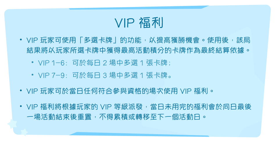 VIP 福利。VIP 玩家可使用「多選卡牌」的功能，以提高獲勝機會。使用後，該局結果將以玩家所選卡牌中獲得最高活動積分的卡牌作為最終結算依據。VIP 1–6：可於每日 2 場中多選 1 張卡牌；VIP 7–9：可於每日 3 場中多選 1 張卡牌。VIP 玩家可於當日任何符合參與資格的場次使用 VIP 福利。VIP 福利將根據玩家的 VIP 等級派發，當日未用完的福利會於同日最後一場活動結束後重置，不得累積或轉移至下一個活動日。