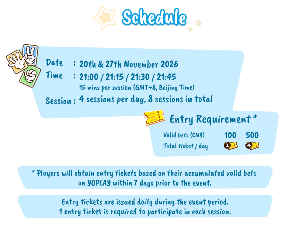 Schedule. Date: 20th & 27th November 2026. Time: 21:00 / 21:15 / 21:30 / 21:45, 15 minutes per session (GMT+8, Beijing Time). Sessions: 4 per day, 8 in total. Entry requirement: valid bets of CNY 100 give 2 tickets per day; CNY 500 give 4 tickets per day. Players obtain entry tickets based on their accumulated valid bets on YOPLAY within 7 days prior to the event. Entry tickets are issued daily during the event period, and 1 entry ticket is required to participate in each session.
