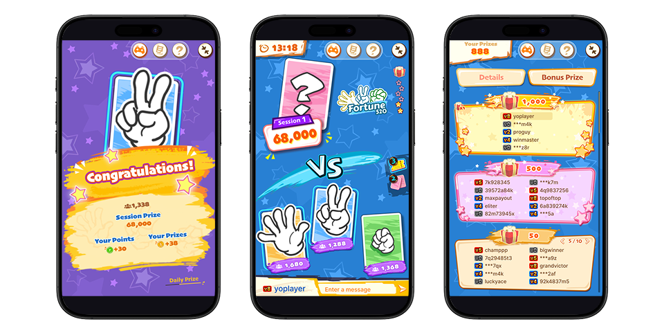 Fortune 520 game screens on mobile: the results screen, the card selection against the system, and the prize winners list.